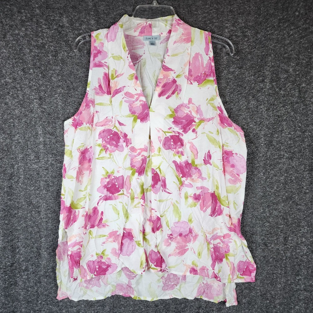 Floral & Ivy Blouse Womens L Pink White Floral Sleeveless V-Neck EUC